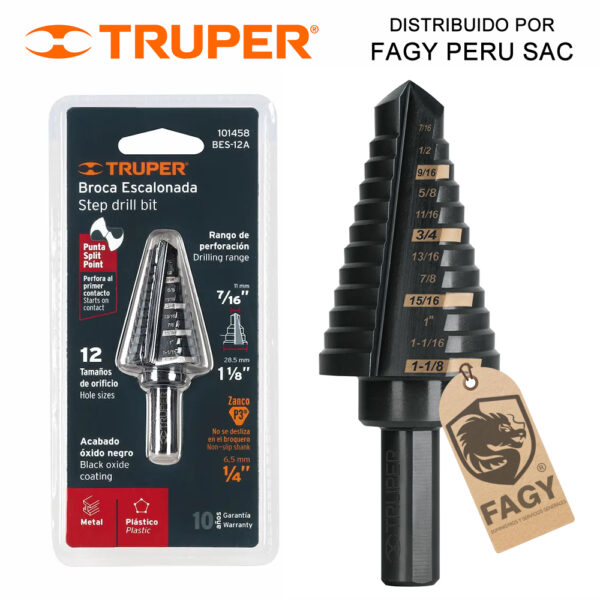 Broca escalonada 7-16″ a 1-1-8″ Truper 101458 Broca escalonada 7/16″ a 1-1/8″ Truper 101458