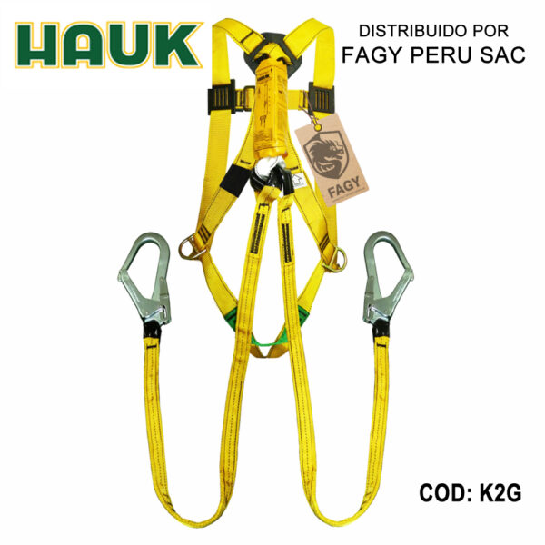 Kit – Arnés De 2 Anillas 3 Hebillas Y Línea De Vida-Conexión Doble De 1.80 M Con Amortiguador De Caída Y Dos Ganchos Grandes De 2 1-4″ HAUK