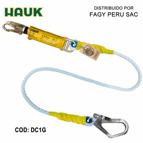 Línea De Vida-Conexión Con Amortiguador De Caída Factor 1. Cabo Torcido De Nylon-Poliéster De 5-8″. Un Gancho De 3-4″ Y Un Gancho De 2 1-4″ HAUK