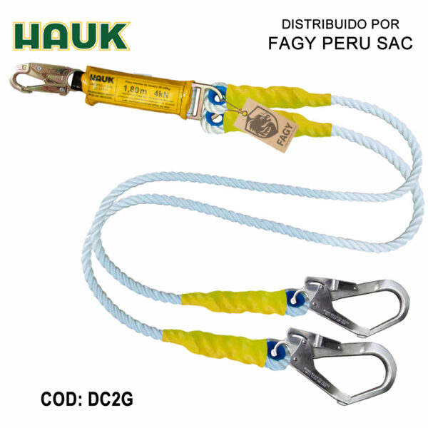 Línea De Vida-Conexión Doble. Con Amortiguador De Caída Factor 1. De Cabo Torcido De Nylon-Poliéster De 5-8″. Un Gancho De 3-4″ Y Dos Ganchos De 2 1-4″ HAUK