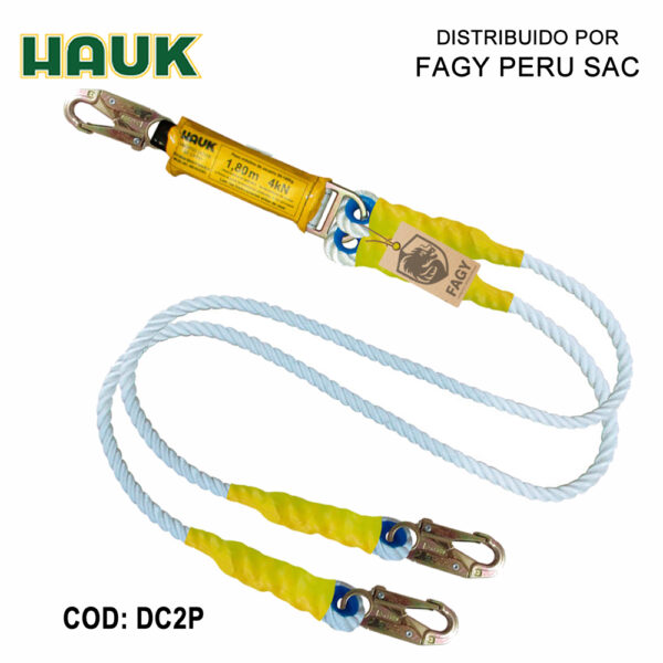 Línea De Vida-Conexión Doble. Con Amortiguador De Caída Factor 1. De Cabo Torcido Nylon-Poliéster De 5-8″ Y Tres Ganchos De 3-4″ HAUK