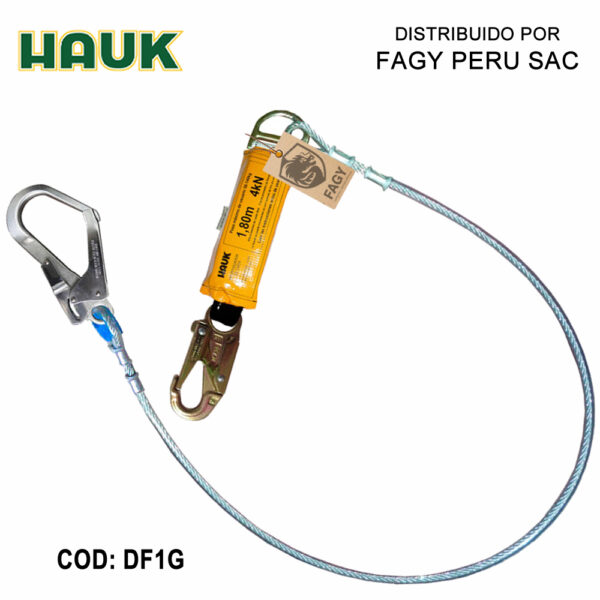 Línea De Vida-Conexión. Con Amortiguador De Caída Factor 1. De Cable De Acero De 1-4″. Un Gancho De 3-4″ Y Un Gancho De 2 1-4″ HAUK