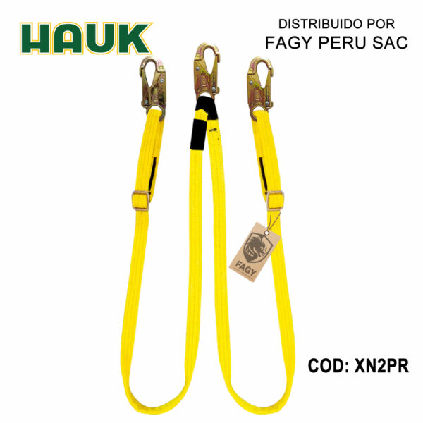 Línea de conexión doble. regulable de 1.80 m. de cinta poliéster y 3 ganchos de 3-4″ Hauk