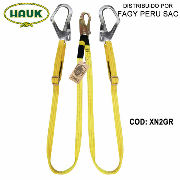 Línea de conexión doble. regulable. de 1.80 m. de cinta poliéster. 1 gancho de 3-4″ y 2 ganchos de 2 1-4″ HAUK